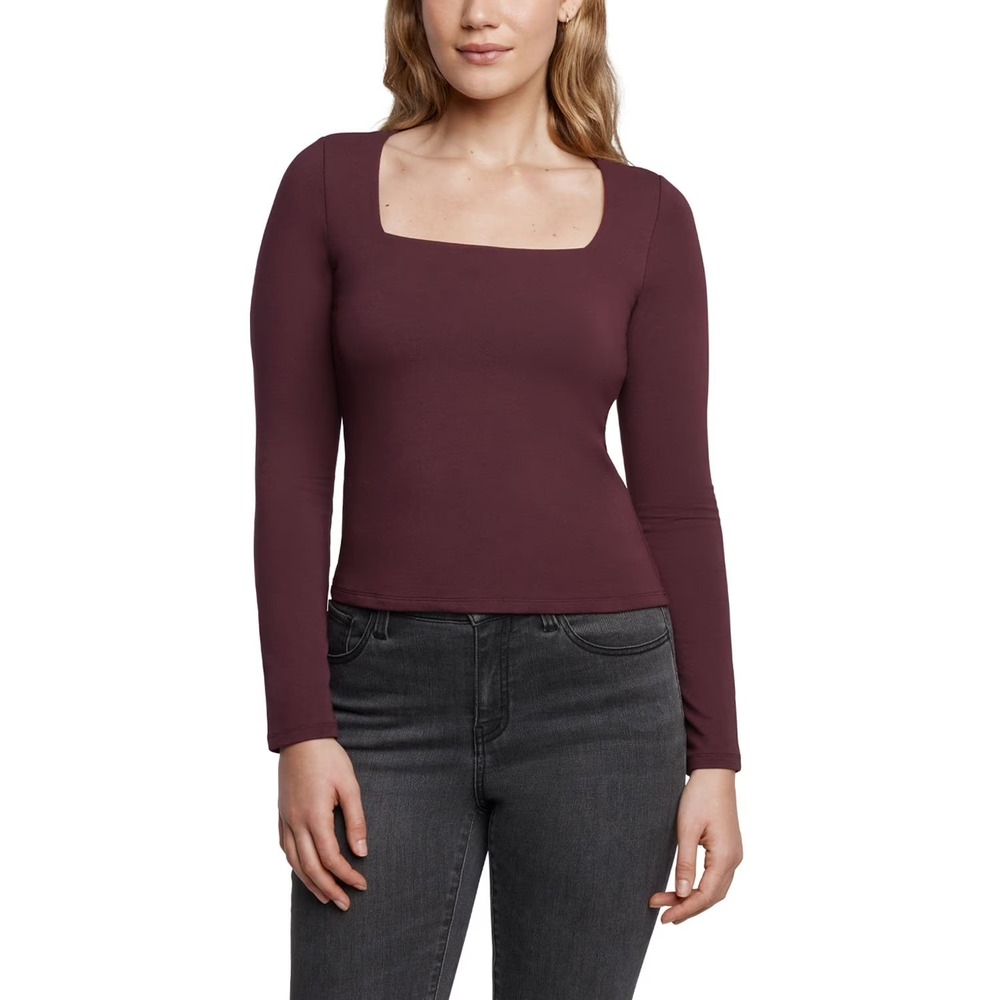Express Womens Square Neck Long Sleeve Top Burgundy Red S NEW